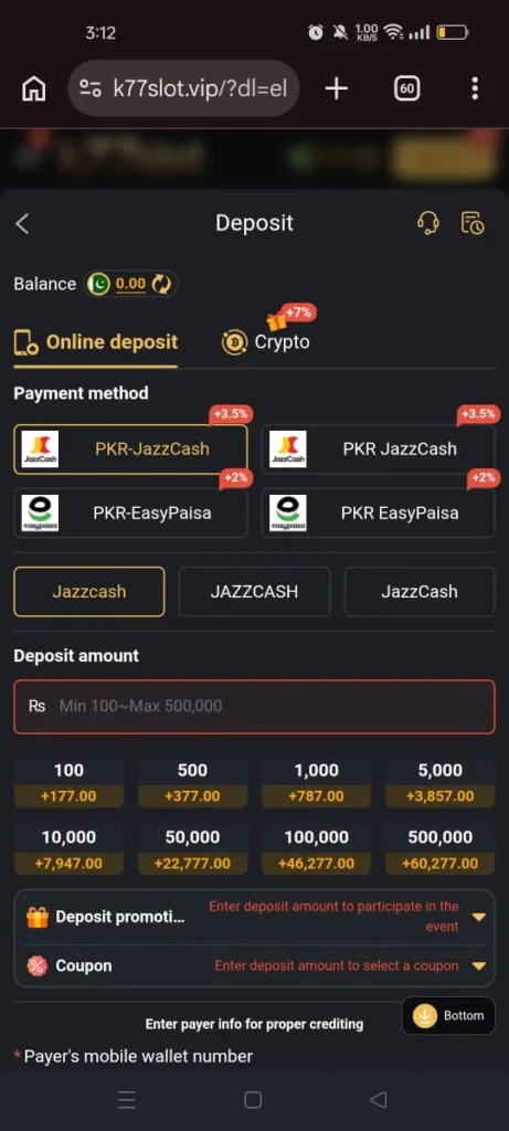 K77SLOT Game deposit