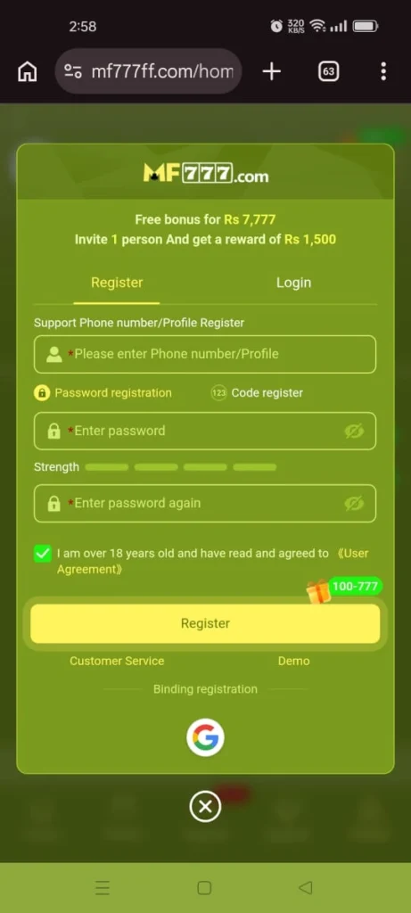 MF777 Game registration