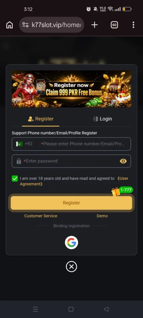 K77SLOT Game registration